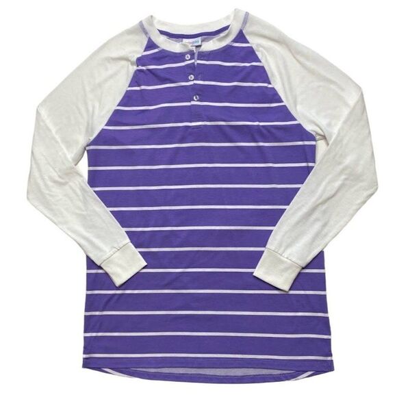 LuLaRoe Mark Purple‎ White Stripe Raglan Henley Top Sz XS - Picture 2 of 6